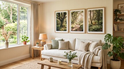 Fototapeta premium Cozy living room interior. Nature-inspired home decor with plants and artwork