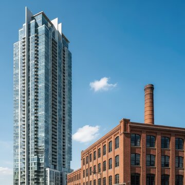 Sleek modern glass apartment complex stands in sharp contrast against a weathered brick industrial factory under a clear blue summer sky, exterior, brick, city