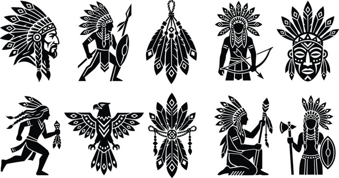 WebCollection of native american tribal silhouettes featuring chief warriors with spears bows tomahawks feathers shaman mask and majestic totem eagle elements
