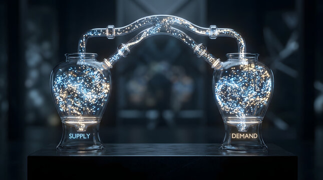 Supply and Demand Glass Vessels Connected by Glowing Tubes