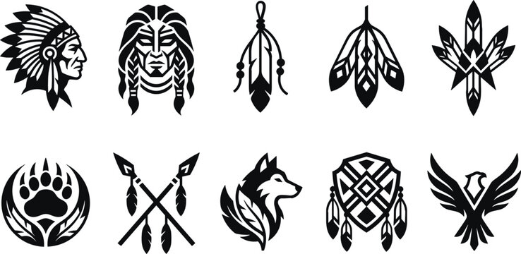 Collection of native american tribal silhouettes featuring chief profile chief warrior eagle wolf bear paw print spears and sacred feathers
