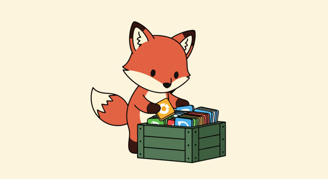 A cute cartoon fox is carefully organizing a crate full of colorful items, possibly representing games or collectibles.