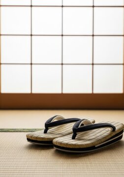 Traditional straw zori sandals resting on a textured tatami mat floor next to a sliding shoji screen with soft natural light filtering in, indoor, woven, aesthetic