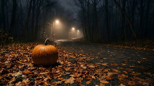 Pumpkins placed along a foggy road illuminated by streetlights in a dark forest setting.