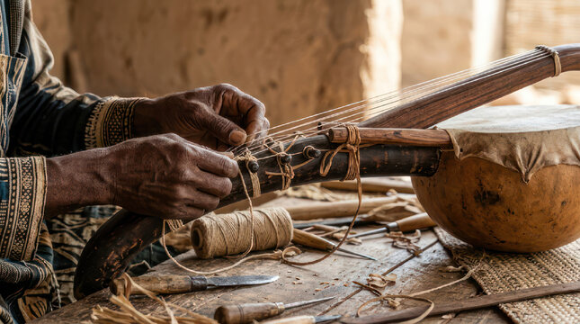 Musician crafting a traditional African stringed instrument.