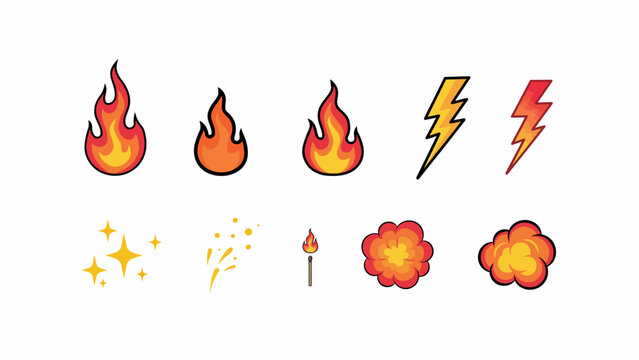 Fire flames lightning bolts and sparkling starbursts vector illustration with a white background flame flames fireball bolt spark