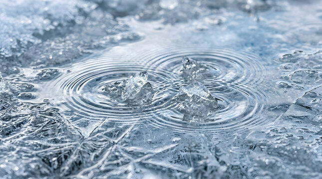 Ice chunks melting in water with concentric ripples close up
