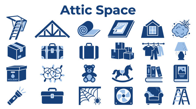 Set of attic storage icons featuring household items and home loft organization symbols in blue flat design style