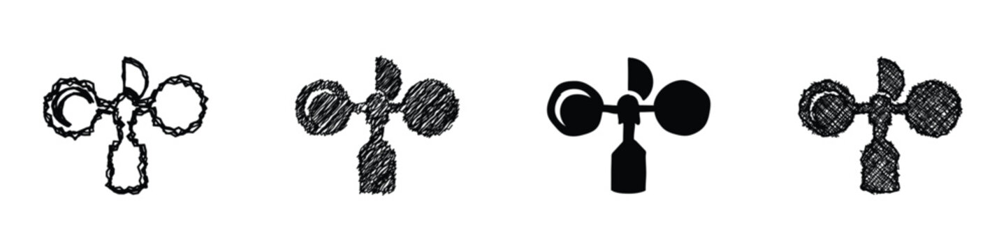 Collection of four anemometer icons, representing wind speed measurement devices, presented in sketch and silhouette forms