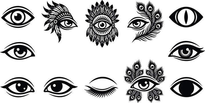 Collection of mystic eyes silhouettes featuring peacock feathers native headdress and mandala ornaments for tattoo artwork and creative logo elements
