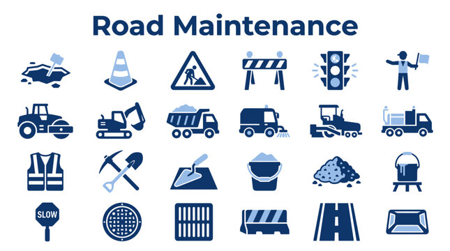 Set of road maintenance and construction icons in blue tones featuring heavy machinery tools safety gear and traffic signage elements for infrastructure projects