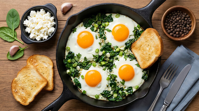 Fried eggs with fresh spinach and feta cheese in a cast iron skillet, served with toasted bread on a rustic wooden table with cutlery set