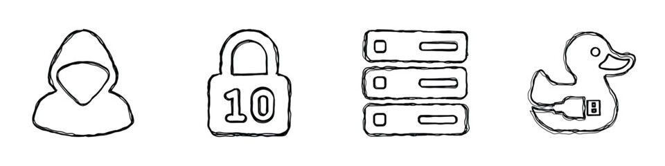 A collection of hand-drawn icons representing cybersecurity concepts like anonymity, security, data storage, and debugging methods © Vova7