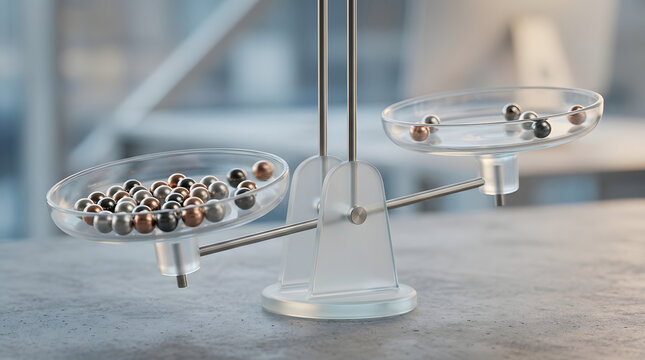 Balance scale with metal spheres showing inequality concept