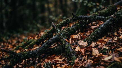 Obraz premium Mossy Tree Branches and Fallen Leaves