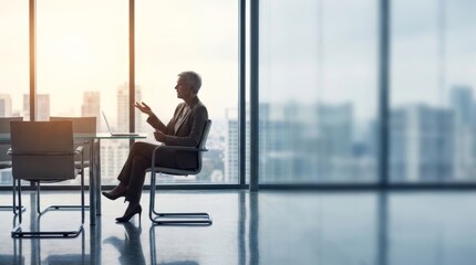 Fototapeta premium Mature female executive in professional business suit sitting in a modern high-rise boardroom with panoramic city views at sunset, gesturing during a meeting with a laptop.