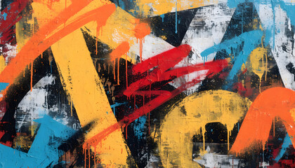 Fototapeta premium Vivid abstract street art spray paint mural. Contemporary urban grunge texture. Messy colorful geometric shapes layered on a weathered background