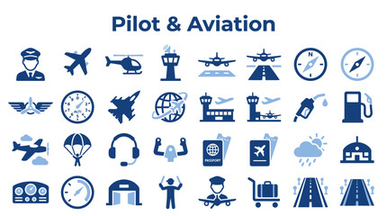 Set of aviation and pilot icons featuring airplanes helicopters airport terminal navigation instruments and travel gear for professional transportation design © Iconique Studio