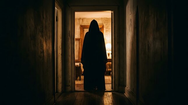 Dark silhouette standing in a lit doorway, creating suspense and mystery in a cinematic horror setting.