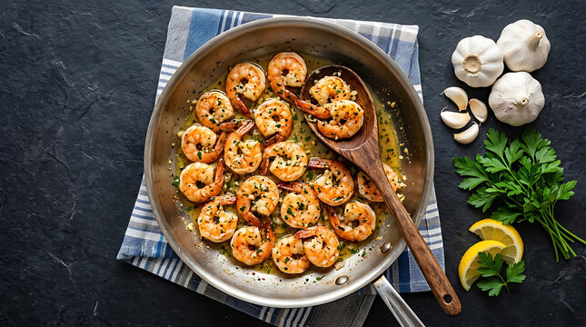 Garlic butter shrimp saut&eacute;ed in a stainless-steel pan with fresh parsley and lemon slices, with garlic bulbs on a dark textured background.