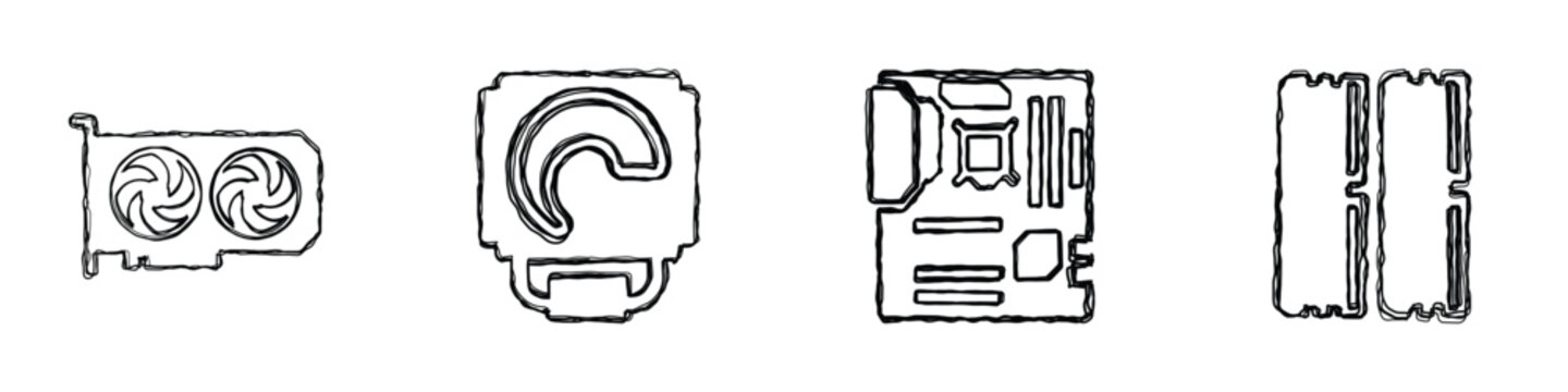 A collection of stylized line art icons representing essential computer hardware parts for building a PC