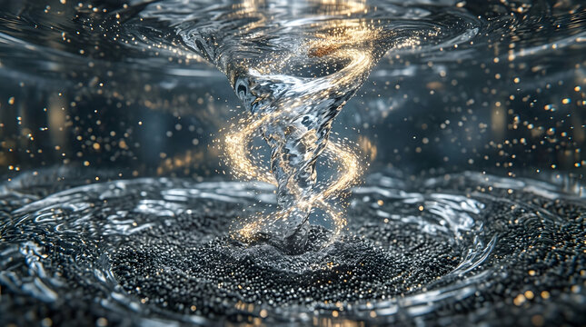 Swirling water vortex with golden sparkles and particles