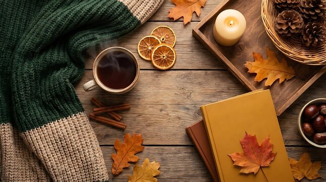 Cozy autumn flat lay with books and tea