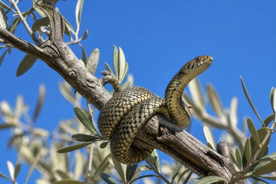 A single snake coiled around a gnarled olive branch against a blue sky.