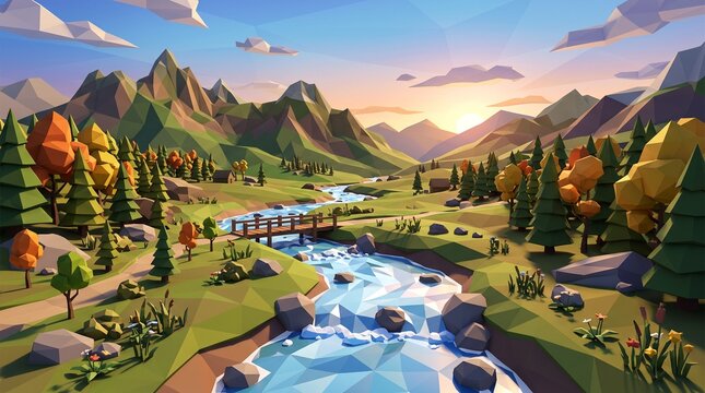 Low poly mountain landscape with flowing river. 3D stylized nature scene with forest and bridge.