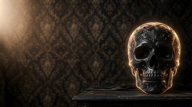 Realistic human skull against a textured dark background, evoking a gothic and eerie atmosphere.