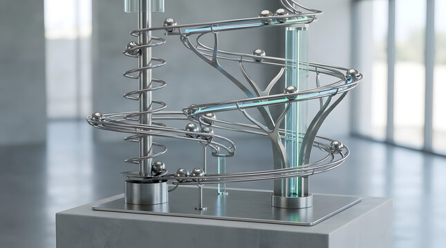 Kinetic metal ball sculpture with spiral tracks and glass columns