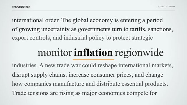 Inflation highlighted moving across printed pages closeup horizontal slide, horizontal movement, close up, bold text