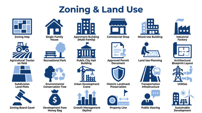 Comprehensive collection of blue flat icons representing urban planning zoning and land use development concepts for municipal infrastructure and city design