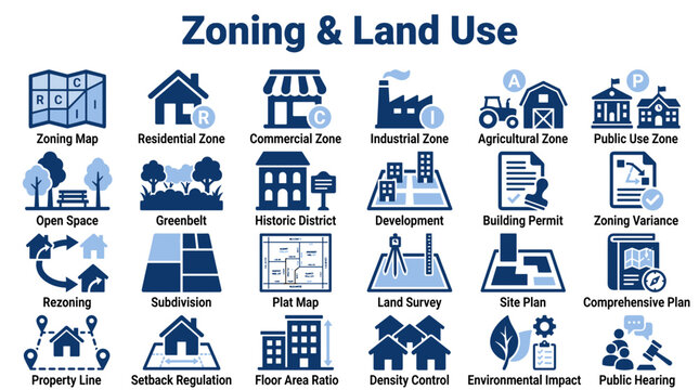 Comprehensive collection of zoning and land use icons depicting urban planning development regulations residential commercial and industrial property symbols