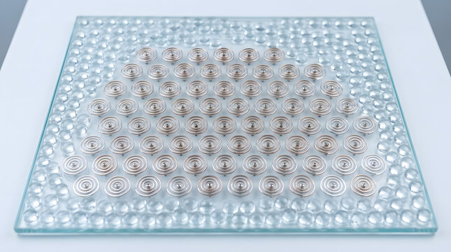 Glass panel with concentric metal spirals and glass beads array