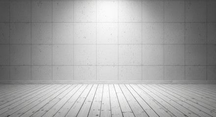 Fototapeta premium Empty Modern Interior with Concrete Tile Wall and Light Wood Floor Illuminated by Spotlight