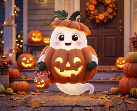 S&uuml;&szlig;er Halloween Geist im K&uuml;rbis Kost&uuml;m, 3D Design