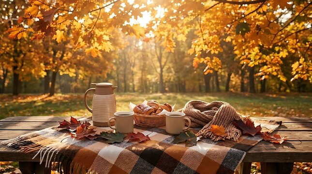 Forest picnic with coffee on plaid blanket in fall.