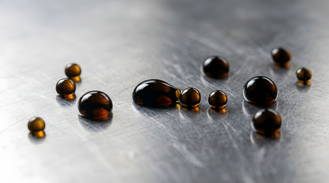 Dark amber liquid droplets on brushed metal surface
