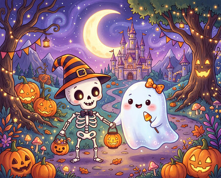 S&uuml;&szlig;er Halloween Geist und Skelett beim S&uuml;&szlig;es oder Saures, Cartoon Design