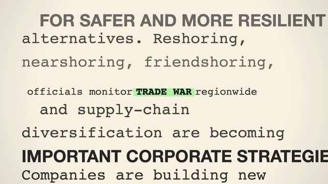 Trade war highlighted across printed article pages horizontal reveal, horizontal movement, close up, circled