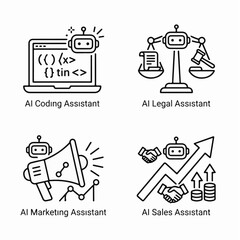 Fototapeta premium Artificial intelligence assistant icons set, 4 black line vector illustrations for AI coding, legal, marketing, and sales business automation