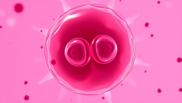 Microscopic view of biological cell division in a vibrant pink environment