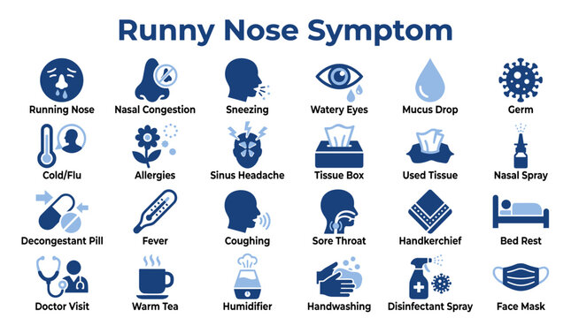 Medical infographic set showing runny nose symptoms and common cold treatment icons in blue color