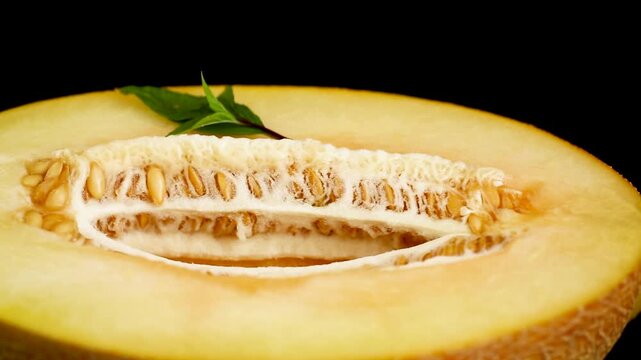 Natural cantaloupe melon composition with basil on reflective black surface
