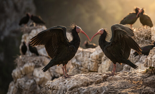 Pair of Northern Bald Ibises Performing Courtship Display