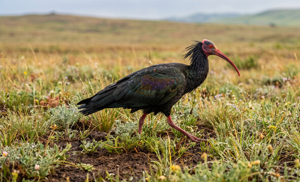 Northern Bald Ibis Walking Across Wild Grassland