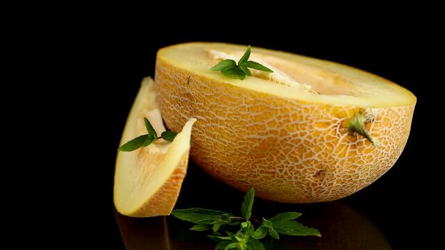 Natural cantaloupe melon composition with basil on reflective black surface