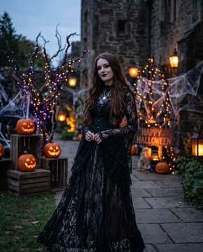 Frau im Gothic Kleid vor einer Halloween Dekoration