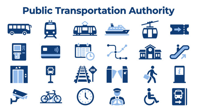 Public transportation authority service icons set including bus train ferry subway and infrastructure elements for urban transit and city travel navigation
